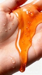 A close-up of a hand holding a viscous, orange liquid with droplets, showcasing texture and movement against a blurred background.