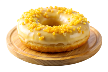 A delicious glazed donut with sweet caramel icing and crunchy yellow sprinkles, served on a small round wooden plate, isolated on a white background