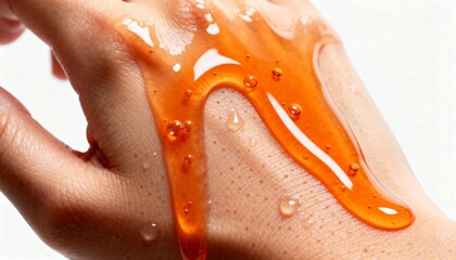A close-up of a hand covered in a glossy, orange liquid, showcasing its texture and sheen against a light background.