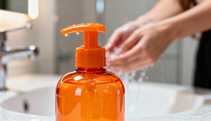 A close-up of an orange pump bottle with liquid, as a person washes their hands in the background, highlighting hygiene and cleanliness.