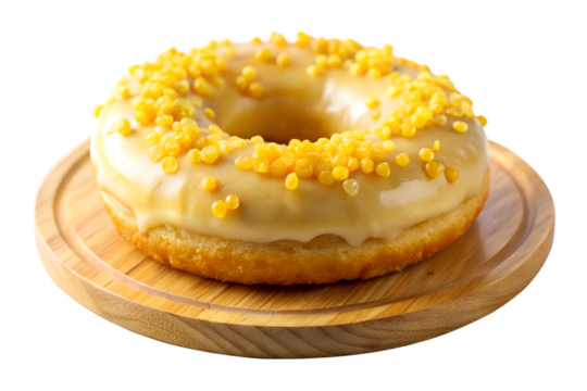 A delicious glazed donut with sweet caramel icing and crunchy yellow sprinkles, served on a small round wooden plate, isolated on a white background