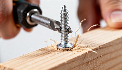 A close-up of a person using a screwdriver to drive a screw into a wooden board, with wood shavings flying out from the action.