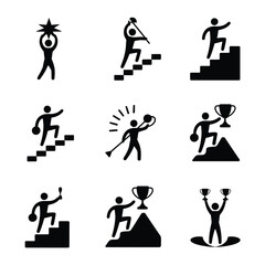 Silhouette figures depict climbing stairs, holding trophies, and celebrating success.