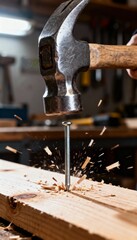 A hammer strikes a nail into wood, sending wood shavings flying, showcasing the power and precision of carpentry work.