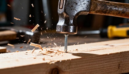 A close-up of a hammer striking a nail into wood, with wood shavings flying, showcasing the action and detail of carpentry work.