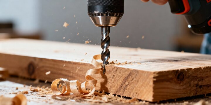 A close-up shot of a drill creating curls in wood, showcasing craftsmanship and precise woodworking techniques in action.