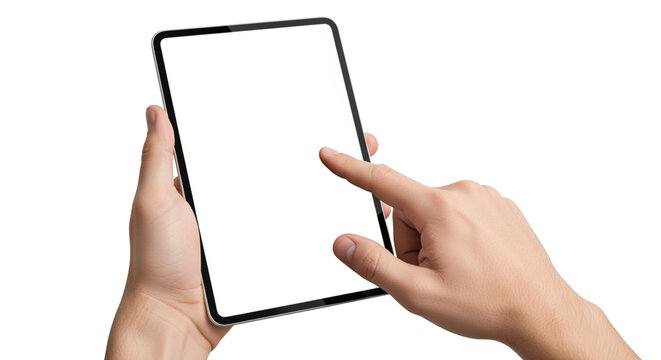 Modern tablet with sleek design held by hands, finger pointing at the screen, perfect for showcasing apps, websites, or UI designs for digital marketing projects - Powered by Adobe
