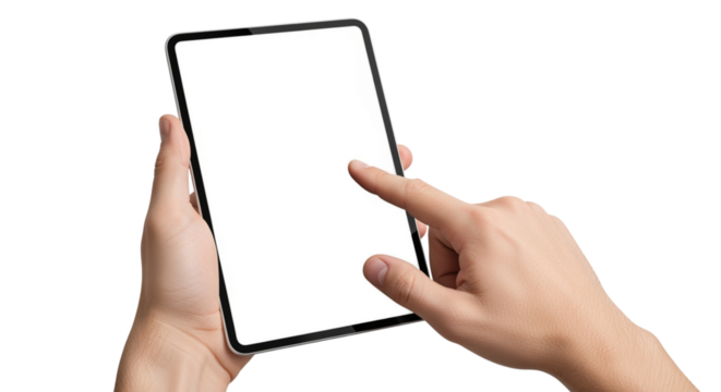 Modern tablet with sleek design held by hands, finger pointing at the screen, perfect for showcasing apps, websites, or UI designs for digital marketing projects