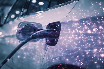 Close-up of a plug-in electric vehicle with a futuristic digital interface. Double exposure