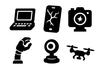 Tech device silhouettes, computer camera drone set