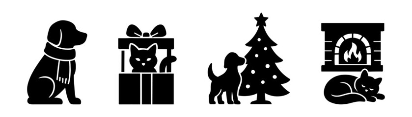 Obraz na płótnie Canvas Cozy pets christmas silhouettes, home and fireplace