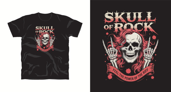 Skull of rock t shirt design with long hair and hand gesture to feel power of riff in music theme graphic