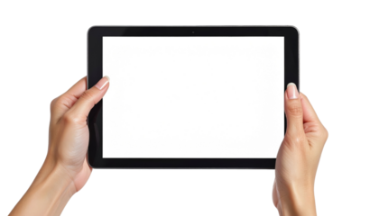 Woman's hands holding a blank tablet ready for your content, perfect for app promotion, website mockups or digital advertising, offering a sleek modern display