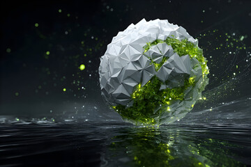Geometric globe fragmentation with green accents for design and innovation