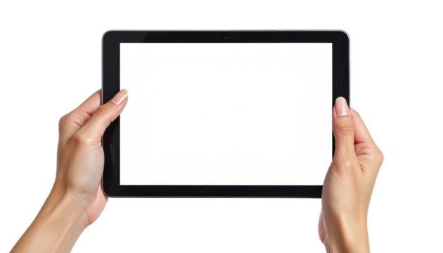 Woman's hands holding a blank tablet ready for your content, perfect for app promotion, website mockups or digital advertising, offering a sleek modern display