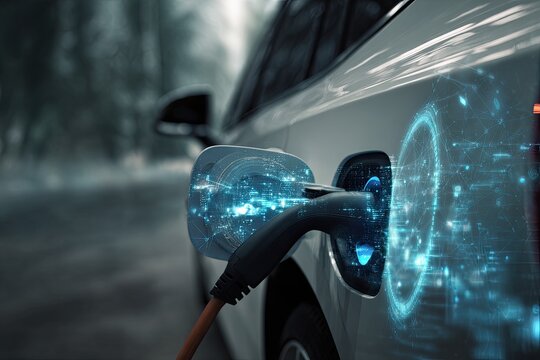 Close-up of a plug-in electric vehicle with a futuristic digital interface. Double exposure