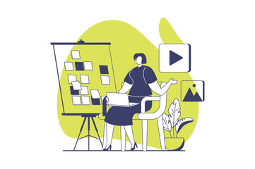 UI and UX designers web concept with flat people for website design. Woman creating layout interface for mobile application, building menu template and managing structure. Vector illustration.