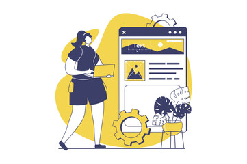 UI and UX designers web concept with flat people for website design. Woman working with visual prototype with mobile applications and interface template, engineering and testing. Vector illustration.