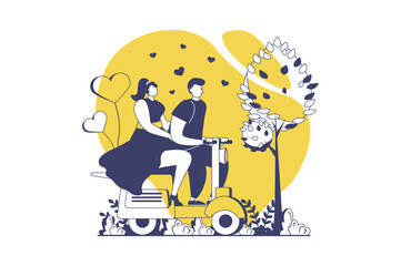 Valentine's Day web concept with flat people for website design. Girlfriend and boyfriend celebrating romantic holiday. Couple going on date and riding motorbike together. Vector illustration.