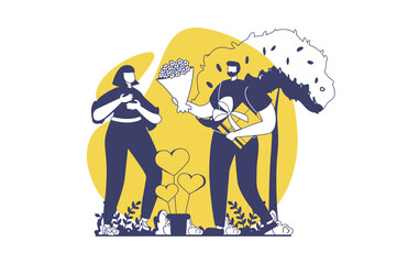 Valentine's Day web concept with flat people for website design. Man giving romance gift and flowers to woman. Couple going on date together and celebrating romantic holiday. Vector illustration.