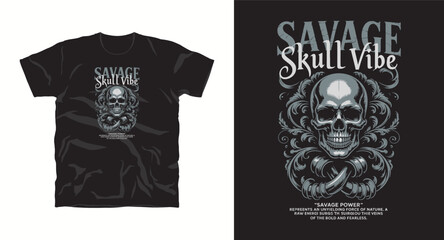 Savage skull vibe vector design on black t shirt apparel fashion clothing template concept with bone power text typography print streetwear