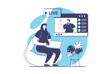 Video streaming web concept with flat people for website design. Man broadcasting online, communicate with followers, woman watching video and commenting in chat with followers. Vector illustration.