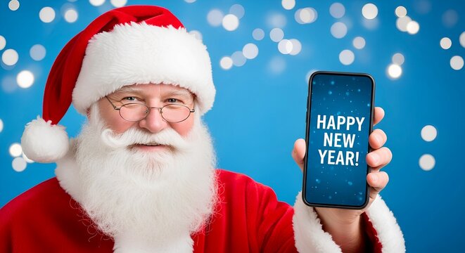 Santa Claus is holding a smartphone displaying "Happy New Year!" against a blue bokeh background, celebrating the holiday season with a cheerful smile.