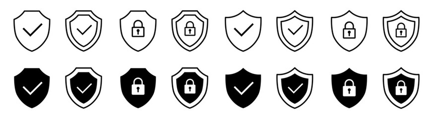 Shield security icon set, protection symbols, security icon with check mark and lock sign © dlyastokiv