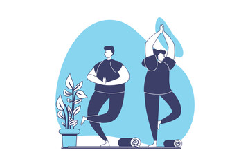 Obraz premium Yoga training web concept with flat people for website design. Woman and man doing yoga asanas at mats, practicing breathing exercises, balance positions in group at sport studio. Vector illustration.