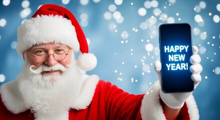 Santa Claus is holding a smartphone displaying "Happy New Year!" against a blue bokeh background, celebrating the holiday season with a cheerful smile.