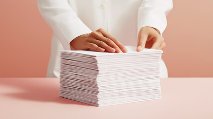 Obraz premium Hand in white sleeve resting on an exceptionally large stack of white papers or documents against soft pink background. Concept of paperwork, document organization or archives