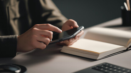 Fototapeta premium Close-up of man's hands interacting with smartphone at desk with open notebook and keyboard visible