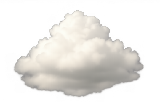 Fluffy white cumulus cloud floating, showing a soft texture and vapor atmosphere on a transparent background