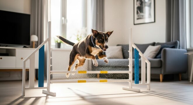 Dog leaping over agility jump in a bright living room, showcasing athleticism and playfulness, with modern furniture and natural light enhancing the joyful atmosphere