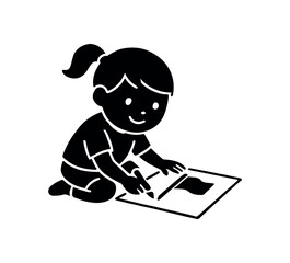 child drawing flag on paper flat black solid vector illustration isolated on white background