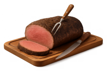 Roasted beef loin on cutting board with carving knife and fork, preparing for a savory lunch or dinner meal