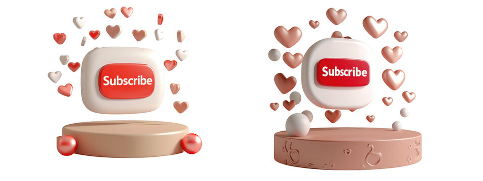 3d rendered social media subscribe button with floating hearts and stylish podium, perfect for content creators and online platforms isolated on transparent background