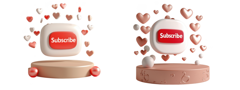 3d rendered social media subscribe button with floating hearts and stylish podium, perfect for content creators and online platforms isolated on transparent background - Powered by Adobe