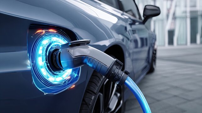 Image of an electric car being charged from a charger at a charging station.