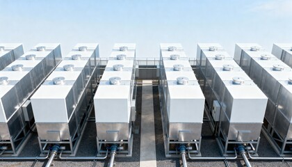 Fototapeta premium Rows of Direct Air Capture units at a carbon capture facility. Technology for CO2 removal and climate change solutions. Green energy and sustainability concept
