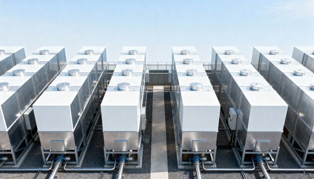 Rows of Direct Air Capture units at a carbon capture facility. Technology for CO2 removal and climate change solutions. Green energy and sustainability concept