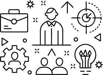 Business strategy icons: briefcase, team, target, gear, light bulb, idea