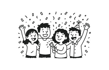 handdrawn cute doodle style celebrating with confetti vector line illustration
