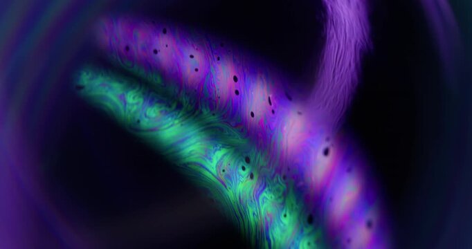 Blur psychedelic texture. Circling fluid. Green purple neon color paint rainbow bubble dark black flow on abstract light background.