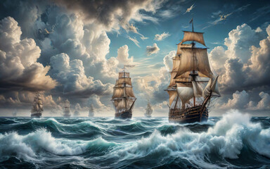 Three-Masted Ship in Stormy Sea