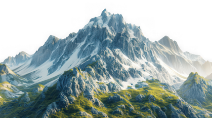 Majestic snowcapped mountain peak with lush green foothills under a bright sky, isolated on transparent background