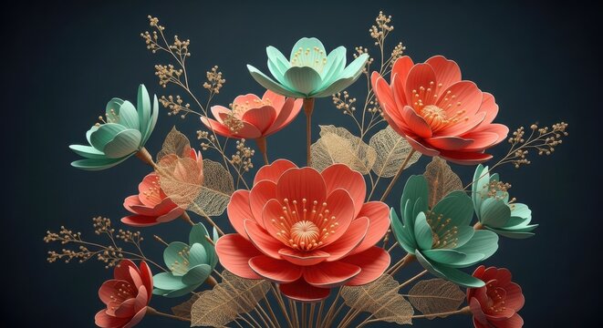 Vibrant bouquet of surreal glowing flowers in striking coral and teal hues against a dark moody background