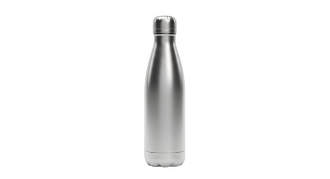 Reusable stainless steel water bottle isolated on transparent background, eco friendly container