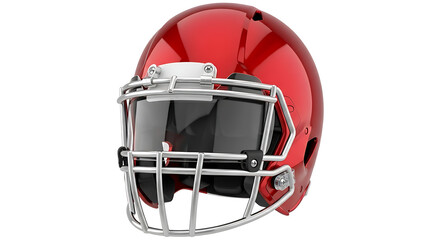 Close up of a red american football helmet with a silver facemask