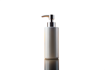 A highly detailed professional studio photograph of a sleek white cosmetic pump bottle with a chrome dispenser, isolated on a white background with a soft reflection